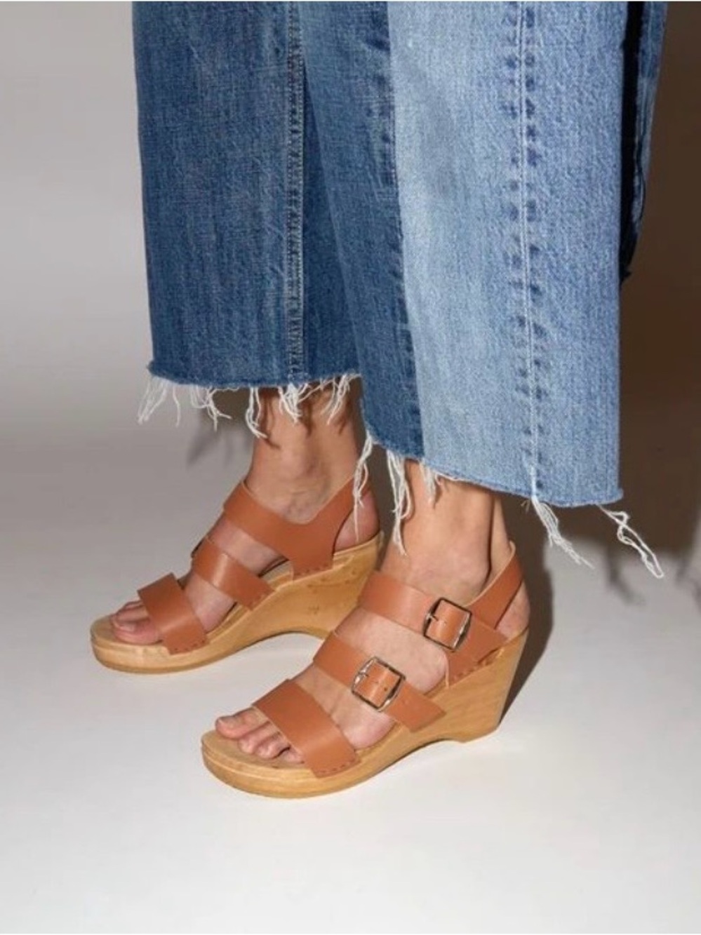 No. 6 Rosalia Leather Strap Clog Wedge Sandal Palomino Brown